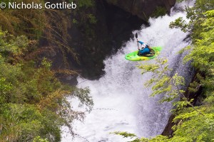 Nicole Mansfield runs the Wall Boof on the Nevados -- this one is definitely all of 20'.